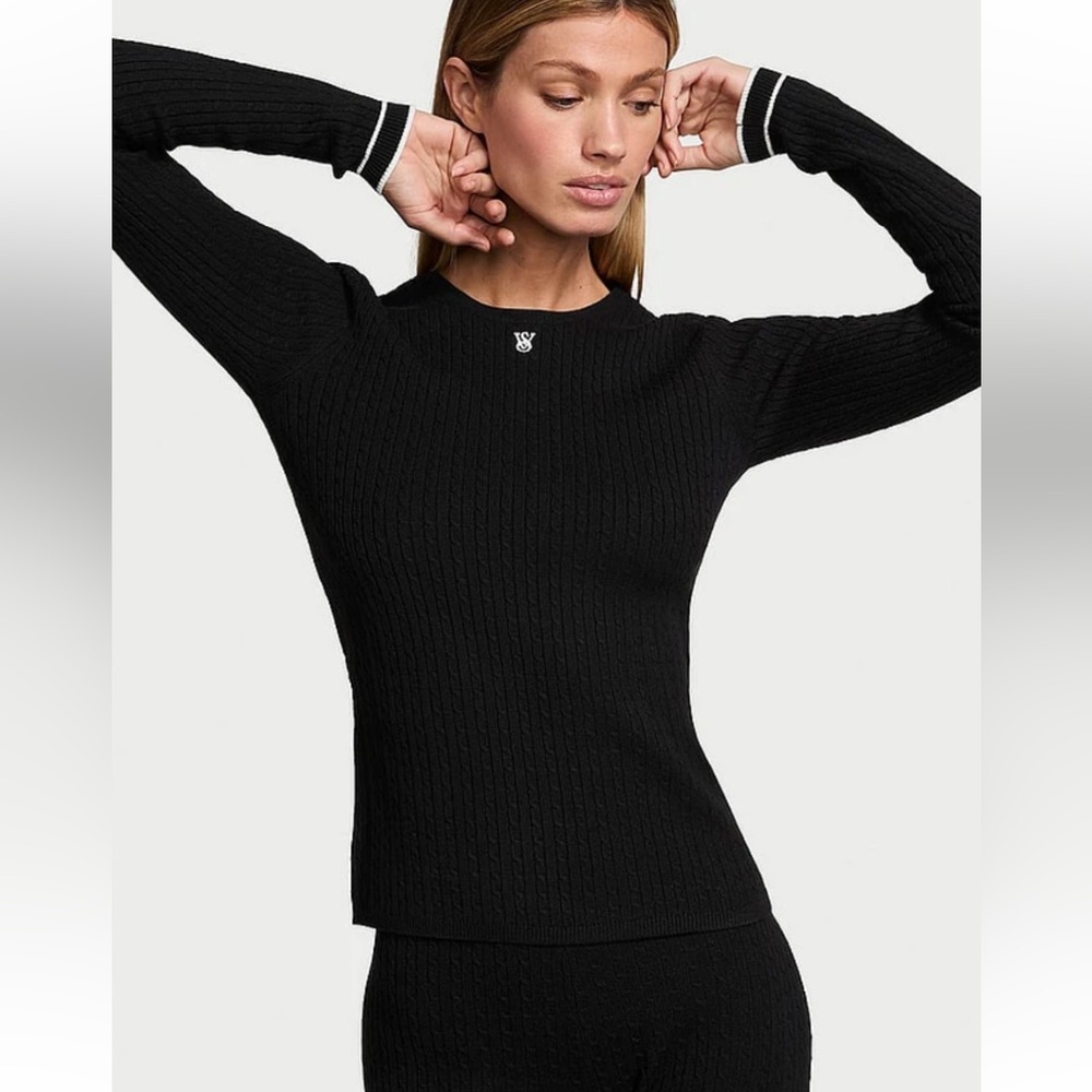 NWT Victoria’s Secret Black & White Luxe Canle Knit Crewneck Sweater Size L